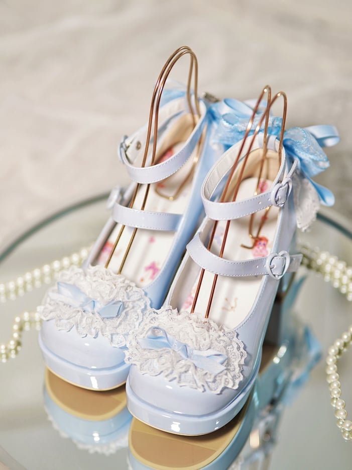 Blue Knotted Bow at Top Lace Trim Heart Buckles High Block Heels