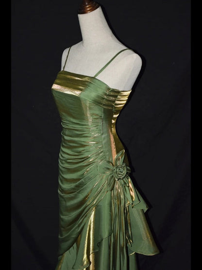 Grass Green Vintage Floral Dress Asymmetrical Hem Prom Gown