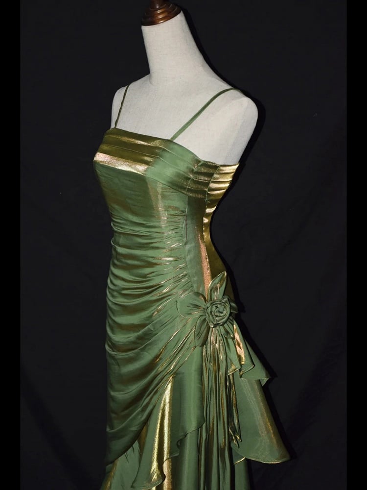 Grass Green Vintage Floral Dress Asymmetrical Hem Prom Gown