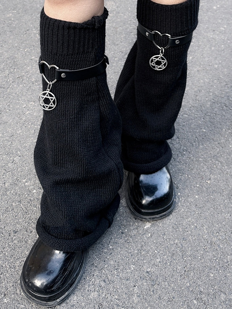 Y2K Black Pentagram Charm Strap Design Knit Leg Warmers
