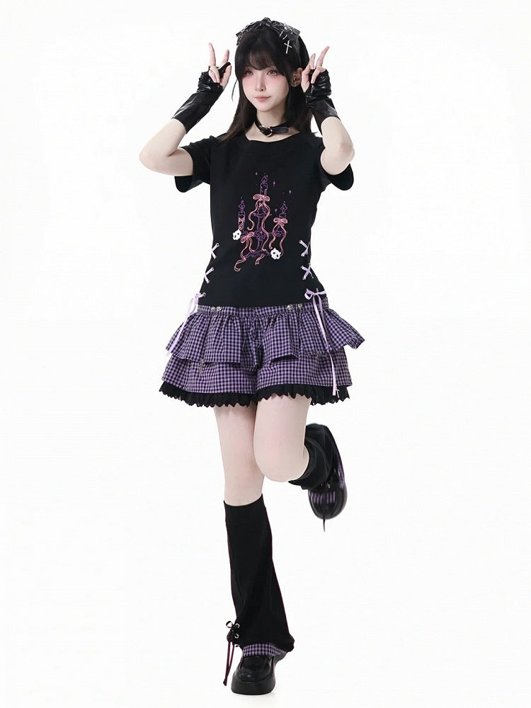 Purple Plaid Hem Black Lace-up Details Leg Warmers