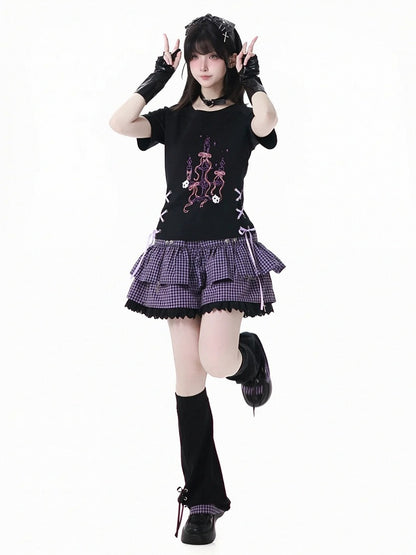 Purple Plaid Hem Black Lace-up Details Leg Warmers