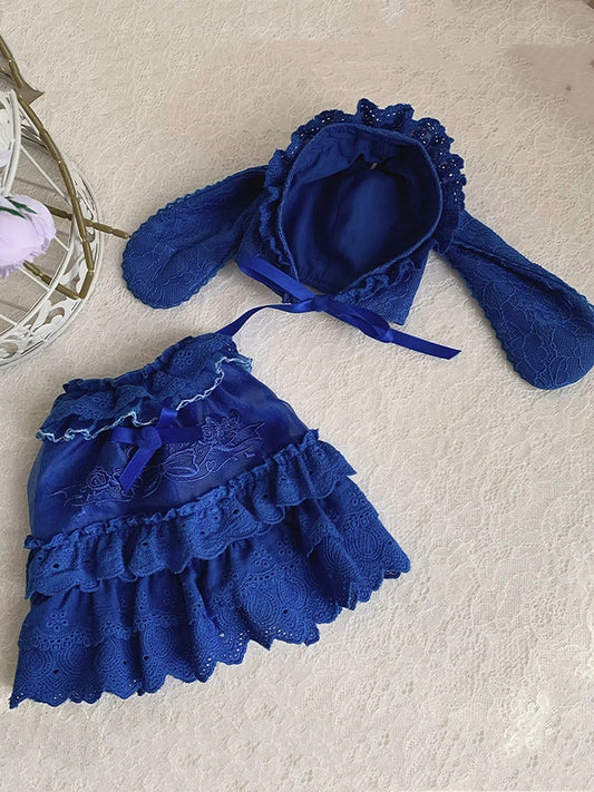 Blue Rosette and Bowknot Embroidery Dress + Bunny Ears Hat
