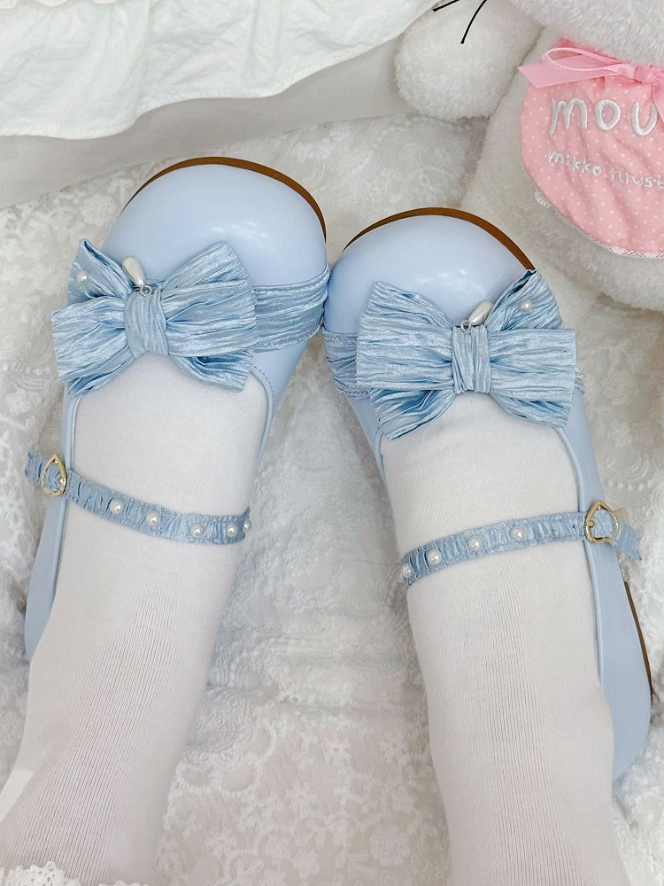 Light Blue Beaded Decorated Bow at Top Heart Buckle Round Toe Lolita Shoes