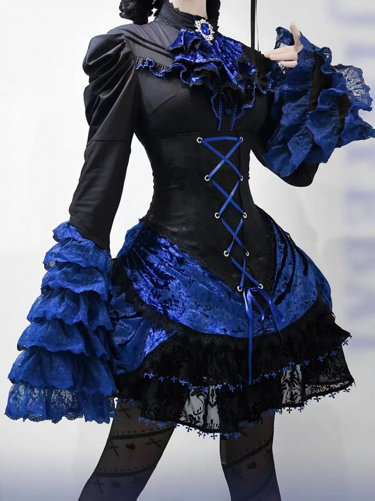 Boned Corset Super High Waist Black and Klein Blue Gothic Lolita Skirt