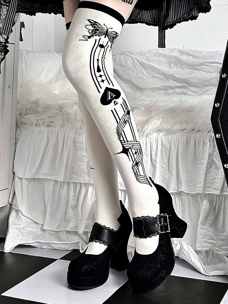 Black Cross Poker/Ace of Spades Butterfly Print Over-knee Stockings