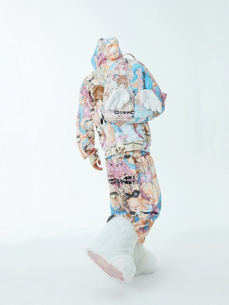 Colorful Cartoon Print PU Backpack with Angel Wings