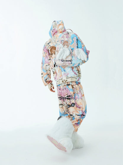 Colorful Cartoon Print PU Backpack with Angel Wings