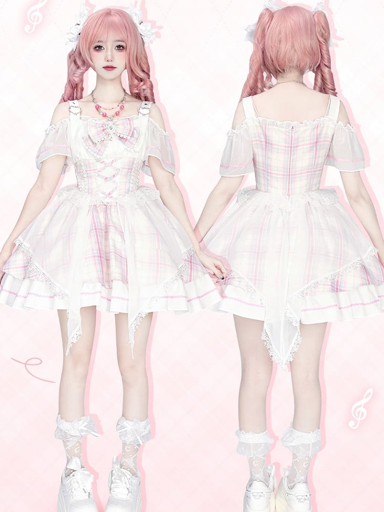 Pink Plaid Off-the-shoulder Neckline Sweet Idol Lolita Jumper Skirt with Free Bowtie