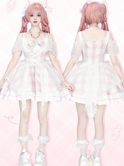 Pink Plaid Off-the-shoulder Neckline Sweet Idol Lolita Jumper Skirt with Free Bowtie