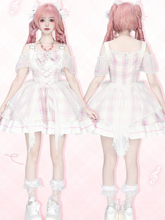 Pink Plaid Off-the-shoulder Neckline Sweet Idol Lolita Jumper Skirt with Free Bowtie