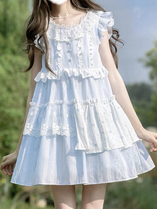 Light Blue Patchwork Design Sweet Flutter Sleeves Dress