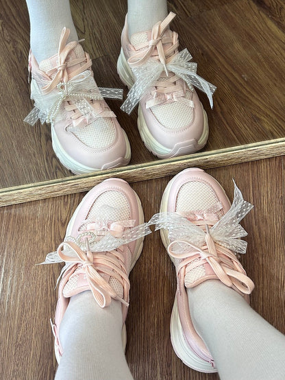 Pink Beaded Decorated Bowknot Details Front Lace-up Ties Sneakers