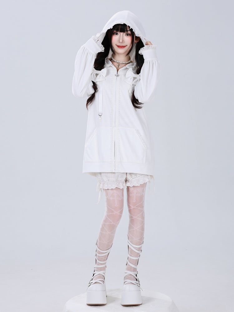 Gothic Charm Jirai Kei Hoodie with Lace and Cross Details