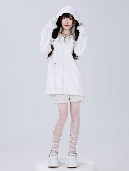 Gothic Charm Jirai Kei Hoodie with Lace and Cross Details