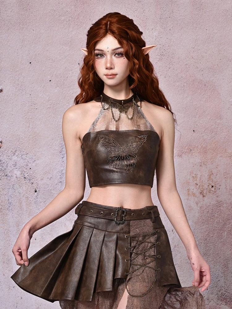 Chains Decorated Light Brown Wasteland Punk PU Butterfly Choker