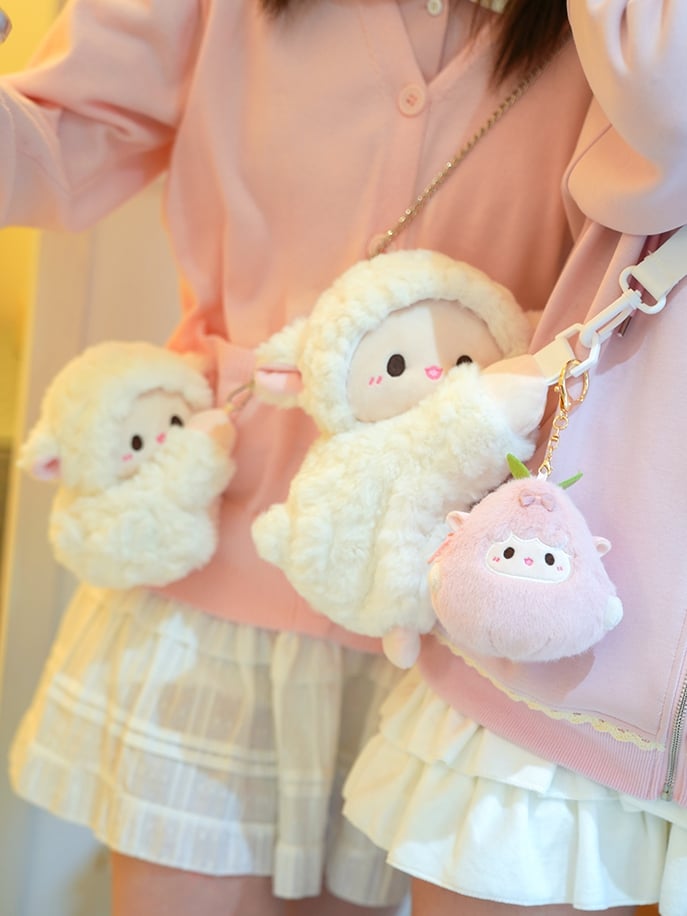 Cute Little Lamb White Plush Backpack/Crossbody Bag + Keychain