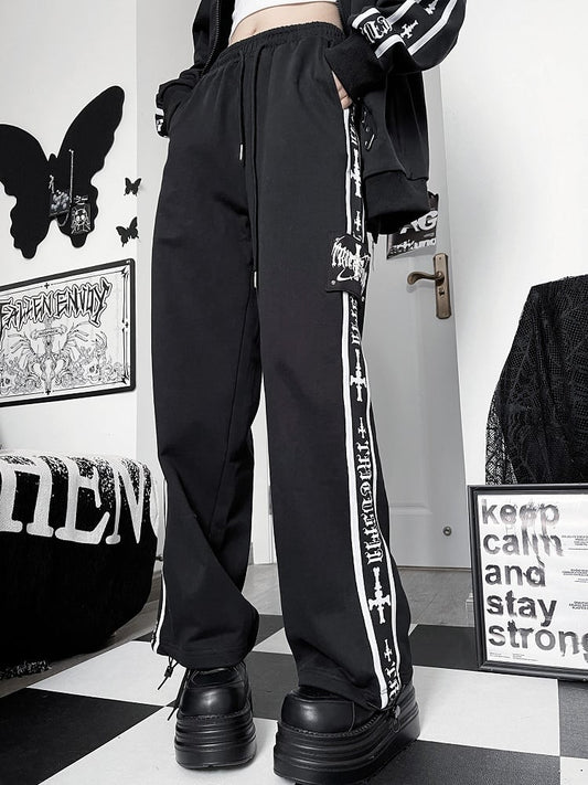 Black Gothic Letter And Cross Prin Sweatpants