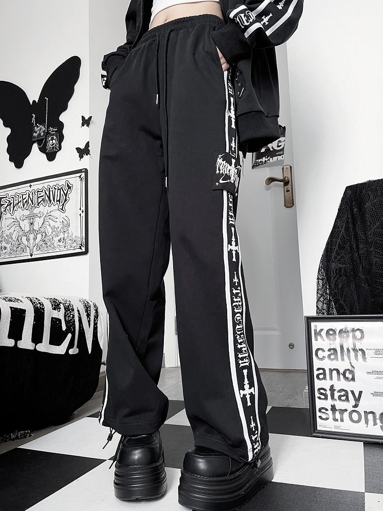 Black Gothic Letter And Cross Prin Sweatpants