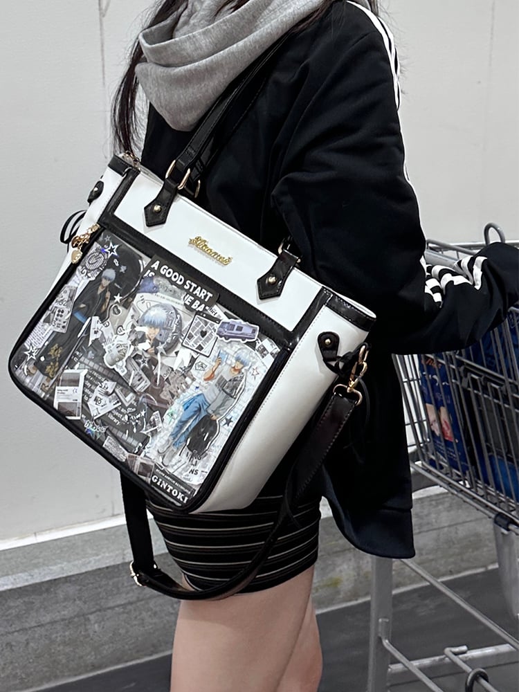 White and Black Bowknot and Heart-shaped Charm Ita Bag