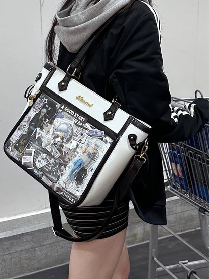 White and Black Bowknot and Heart-shaped Charm Ita Bag