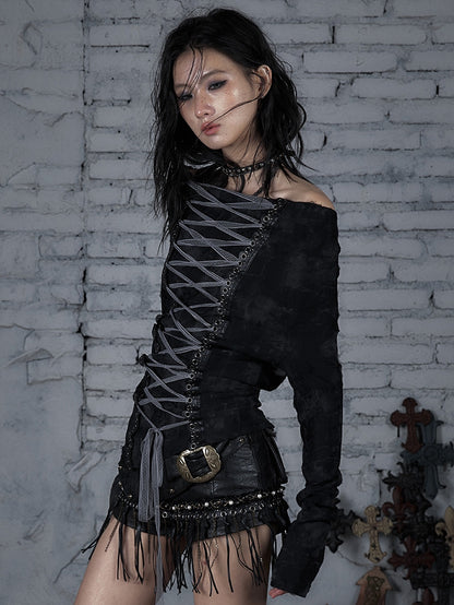 Wasteland Punk Black Off-the-shoulder Neckline Lace-up Design Top