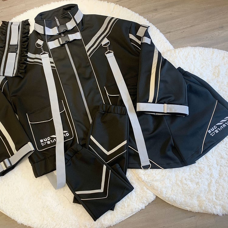 Black Futuristic Cyberpunk Buckle Strap Jersey Maid Jirai Kei Full Set