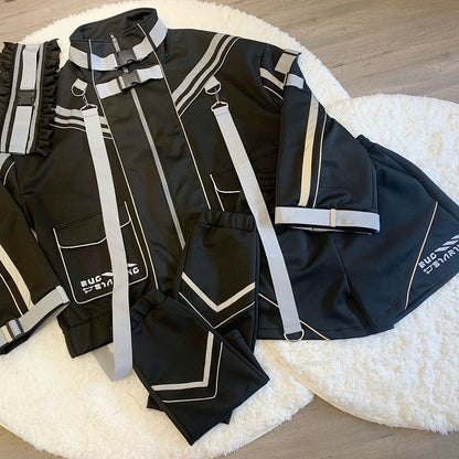 Black Futuristic Cyberpunk Buckle Strap Jersey Maid Jirai Kei Full Set