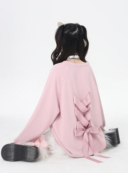 Self-tie Bowknot at Back Pink/Black Round Neck Graphic Sweatshirt