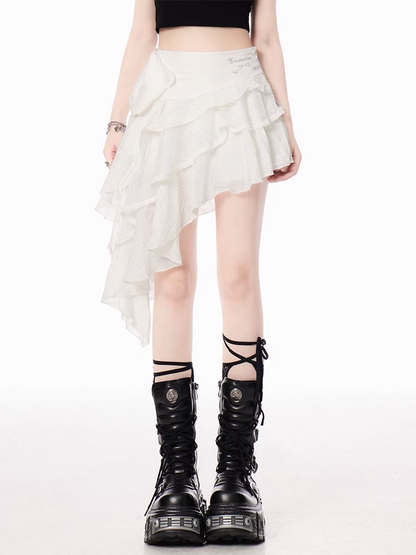 White Asymmetrical Hem Tiered Skirt