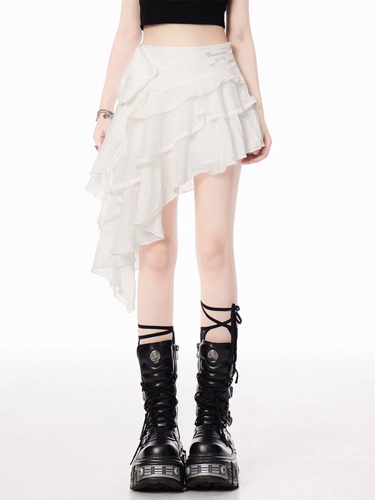 White Asymmetrical Hem Tiered Skirt