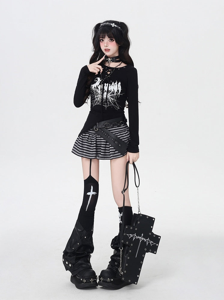 Spider Web Print Lace-up Neckline Asymmetrical Hem Black Top