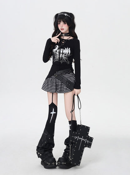 Spider Web Print Lace-up Neckline Asymmetrical Hem Black Top