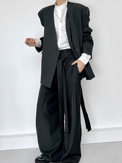 Ouji Lolita Dark Green Wide-Leg Pants with Two-Button Fly & Side Ribbons