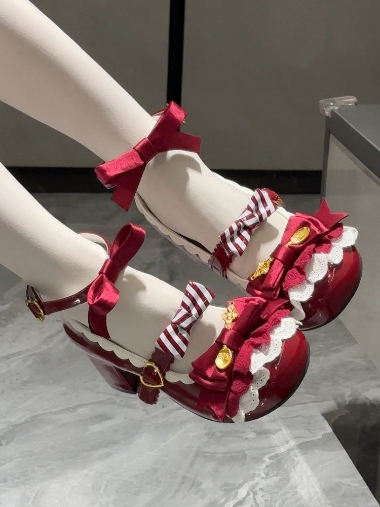 Wine Red Spoon Decorated Bowknot Details Sweet Lolita High Block Heels