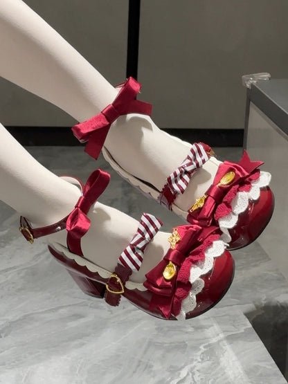 Wine Red Spoon Decorated Bowknot Details Sweet Lolita High Block Heels
