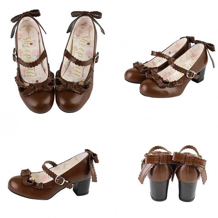 Brown Heart Decorated Bow at Top Mary Janes
