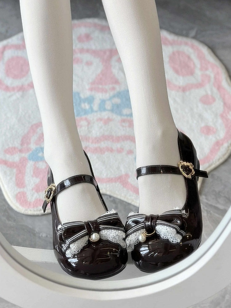 Dark Brown Lace Trim and Bead Charm Decorated Bowknot Sweet Lolita Mary Janes