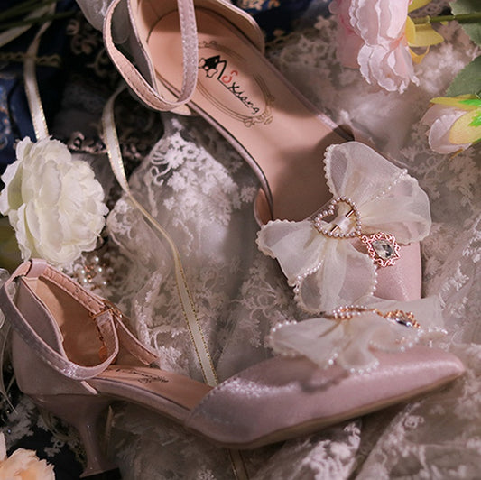 Light Pink Beaded Bowknot Accents Pointed Toe Hime Lolita Middle Heels