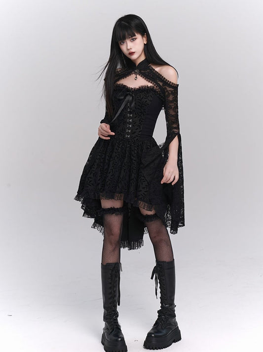Gothic Black Off-the-shoulder Neckline Lace Ruffled High-low Dress