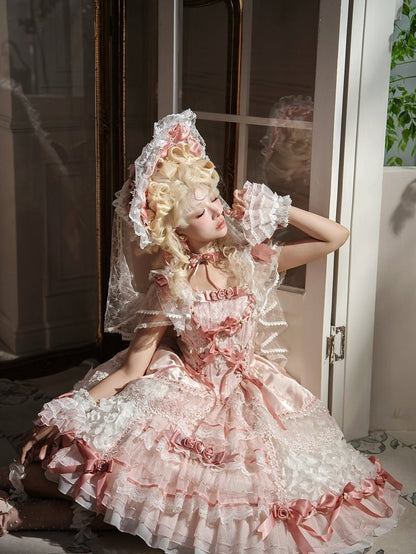 Pink Hanayome Lolita Hime Dress with Corset Waist and Rose Bow Accents Short Version