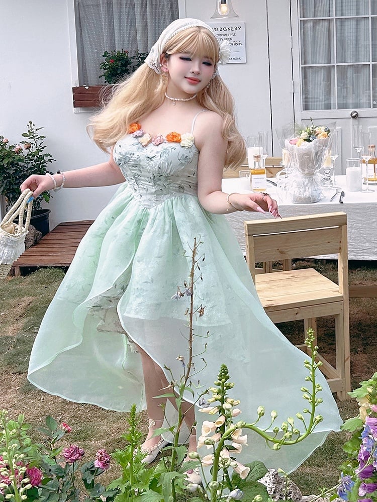 Plus Size Basque Waist Green Summer Floral Dress High-low Skirt