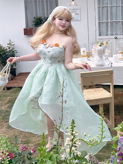 Plus Size Basque Waist Green Summer Floral Dress High-low Skirt