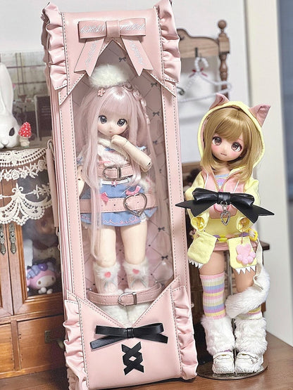 Pink&Black Bowknot Details Diamond Pattern 1/4 Scale BJD Doll Bag with Two Straps