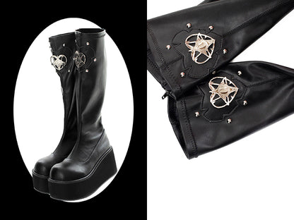 Heart Design Silver-tone Studs Black Punk Boots