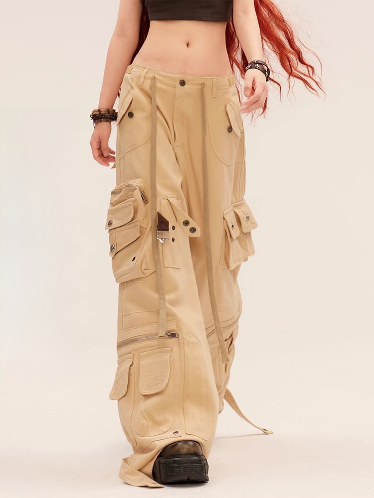 Millard Fashion Khaki Low Rise Cargo Pockets Wide-leg Pants