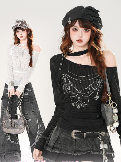 White/Black Asymmetrical Neckline Rhinestone Details Buckle Halter Neck Top