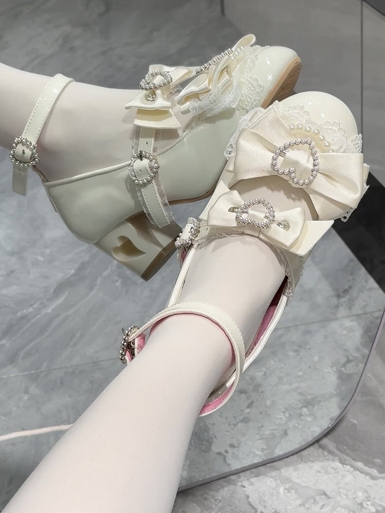 White Bow at Top Heart Cut-out Heels Mary Janes
