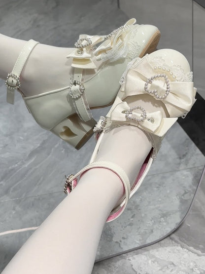 White Bow at Top Heart Cut-out Heels Mary Janes