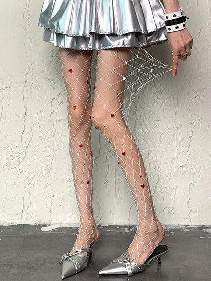 White/Black Y2K Rhinestone Decorated Heart Details Fishnet Tights